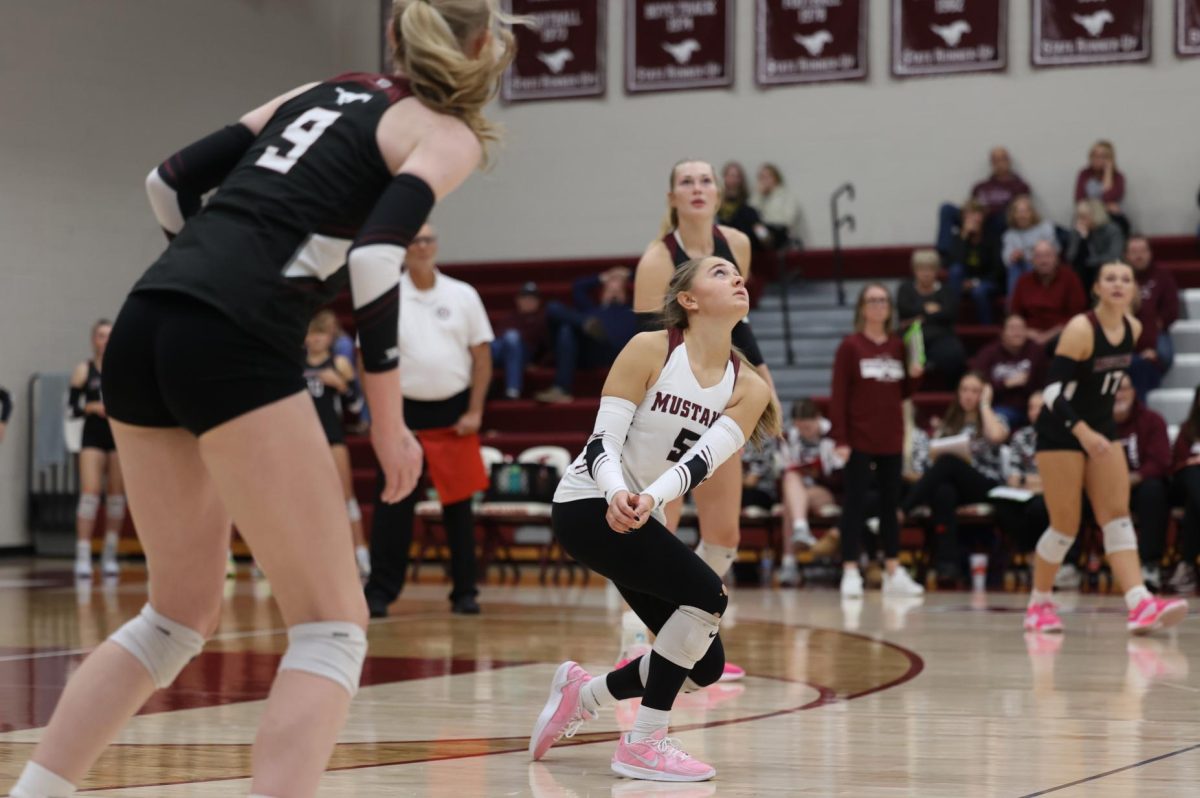 Senior Eryn Jackson (5) watches the ball fly through the air after bumping it to her teammate Oct. 24.