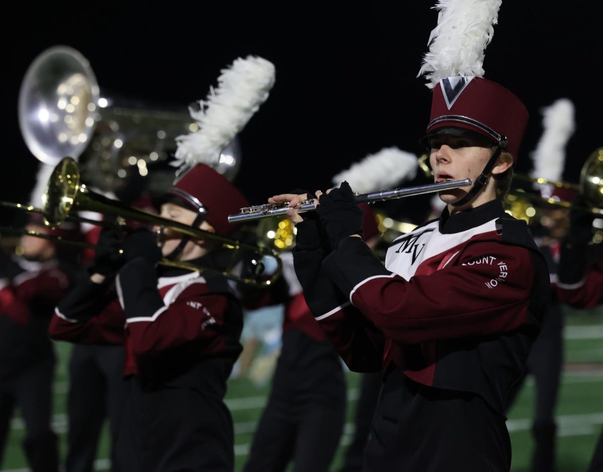 Senior Adam Zehms performs during the marching band's last performance.