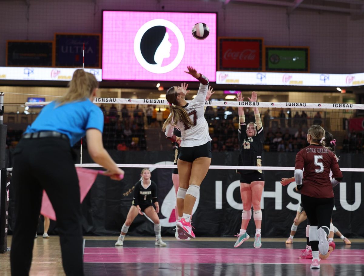 Sophomore Sophia Meester (17) focuses on the ball as she winds up to attack Nov. 5. 