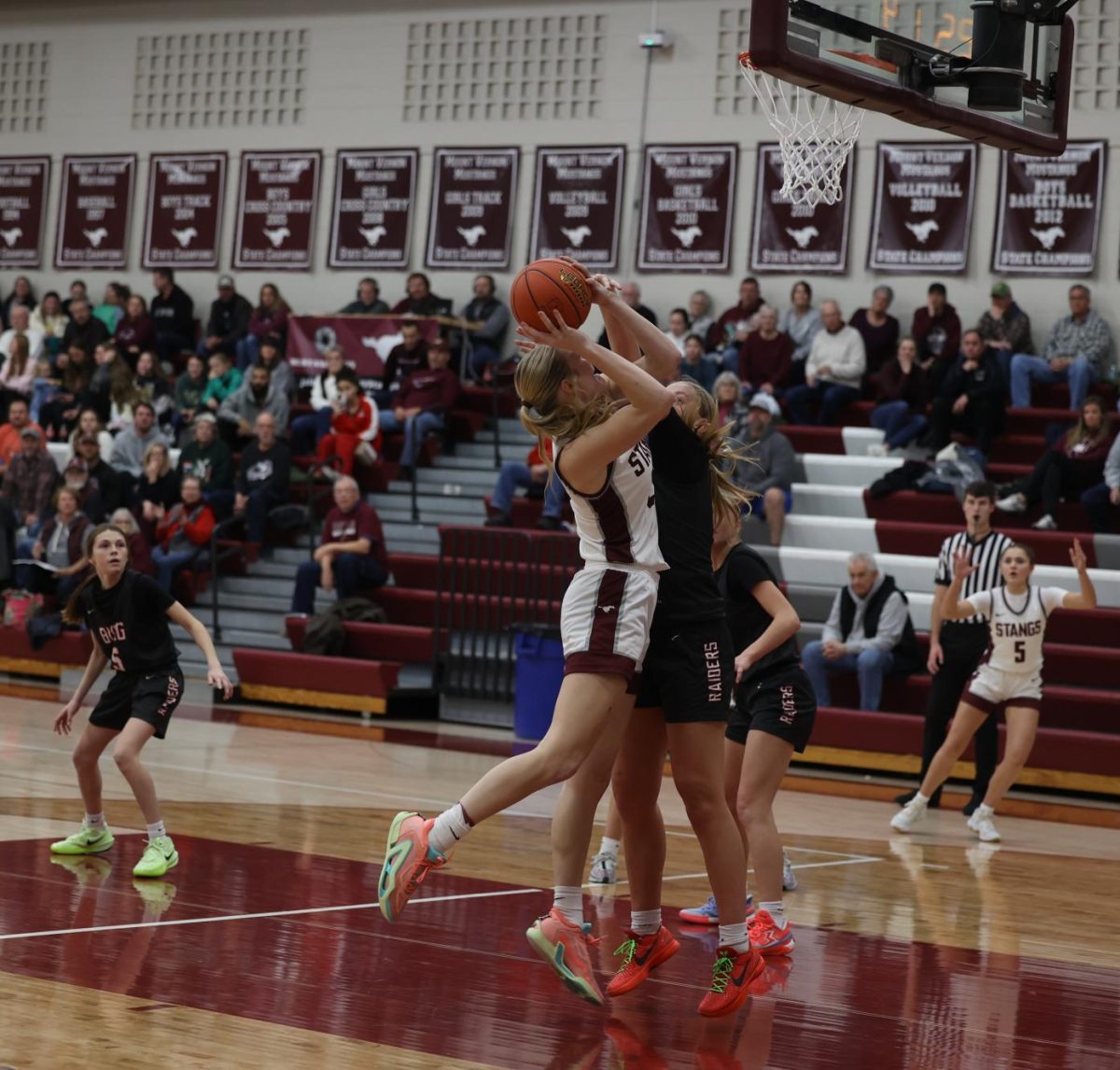 Senior Chloe Meester (20) reaches over Williamsburg opponent to score  a basket Dec. 13.