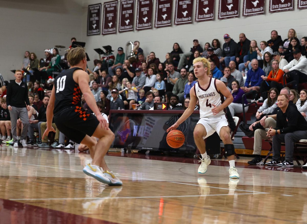 Senior Cole Thurn (4) dribbles the ball, as he finds a way to get it in the basket Dec. 17. 