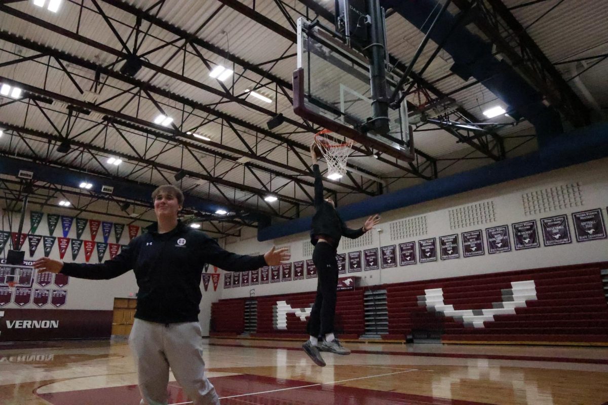 Sophomores Alex Briesemeister and Maddox Thede re-create a famous Lebron James and Dwayne Wade photo during Digital Media J-Term.