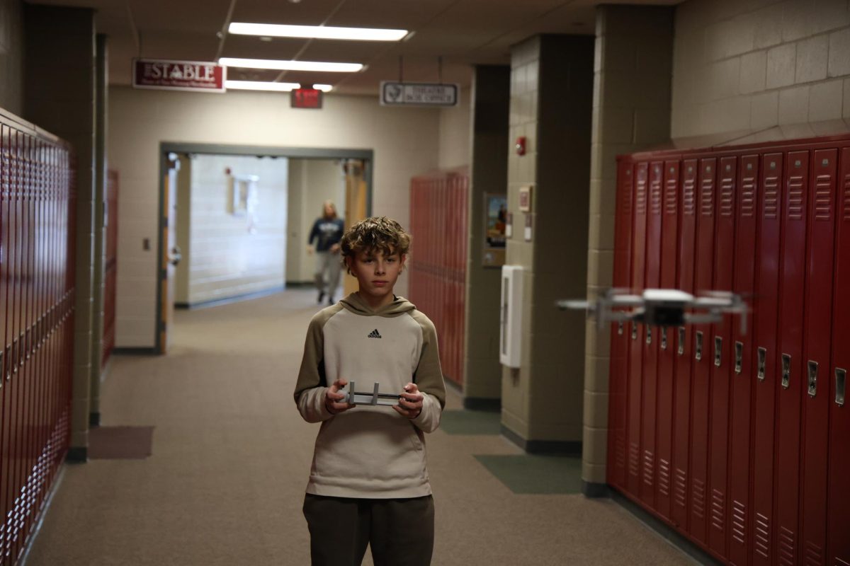 Sompomore Colin Boehler practices his drone flying skills during his J-Term class, Digital Media.