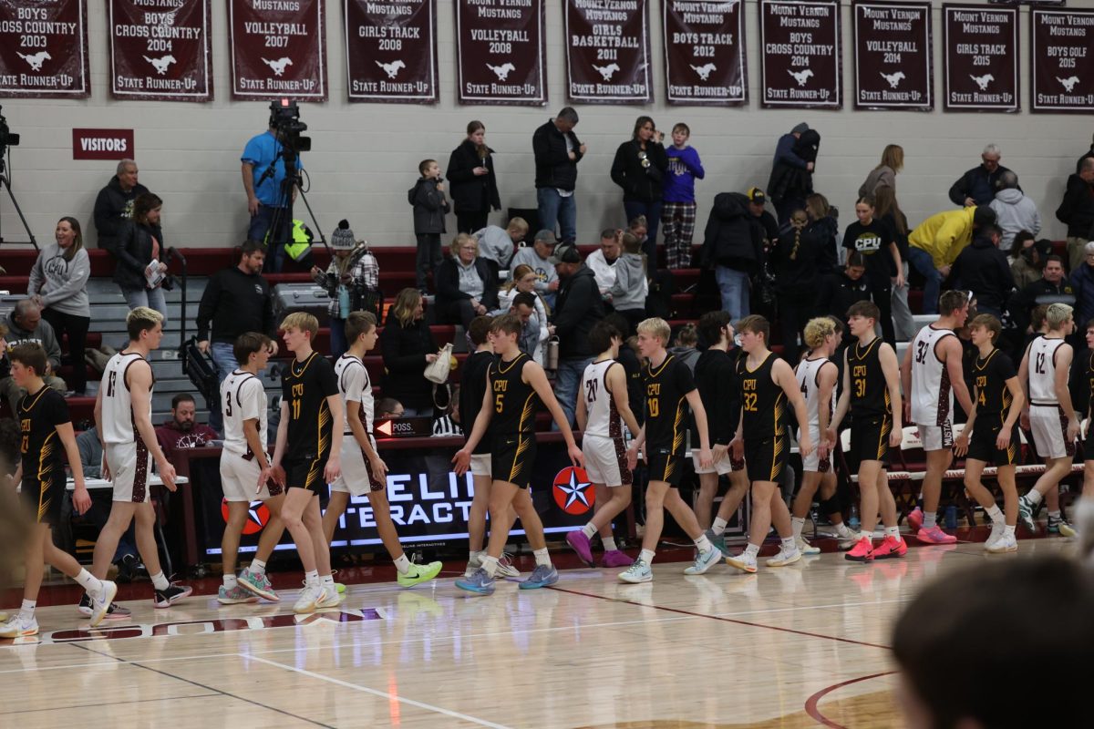 The Mustangs shake hands with CPU after a well earned win.