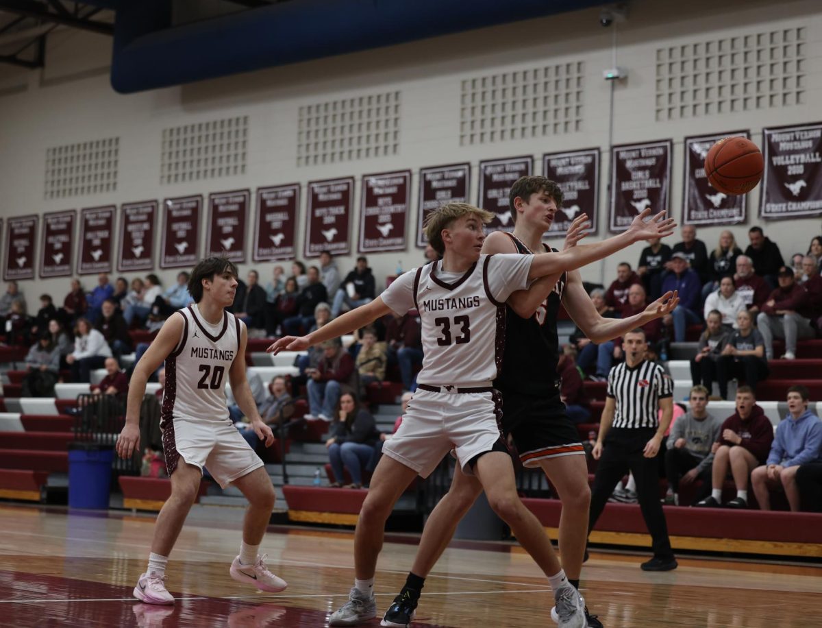 Sophomore Seth Rushford (33) reaches out to stop the basketball from going out of bounds Jan. 28. 