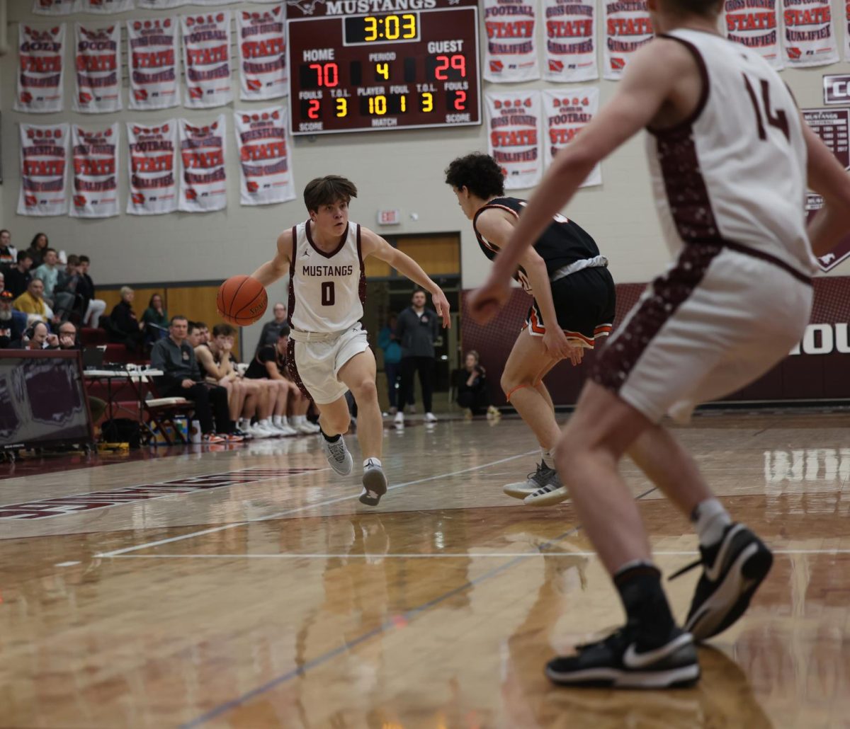 Junior Lewis Krob (0) dribbles the basketball down the court Jan. 28.