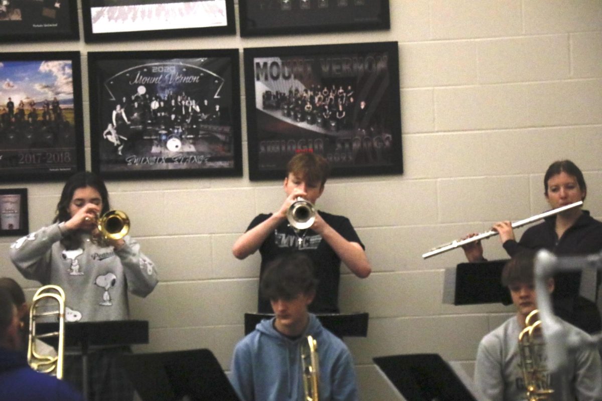 Sophomore Nathaniel Lewis plays with the other trumpets during a performance by the Swinging Stangs Jazz Ensemble.