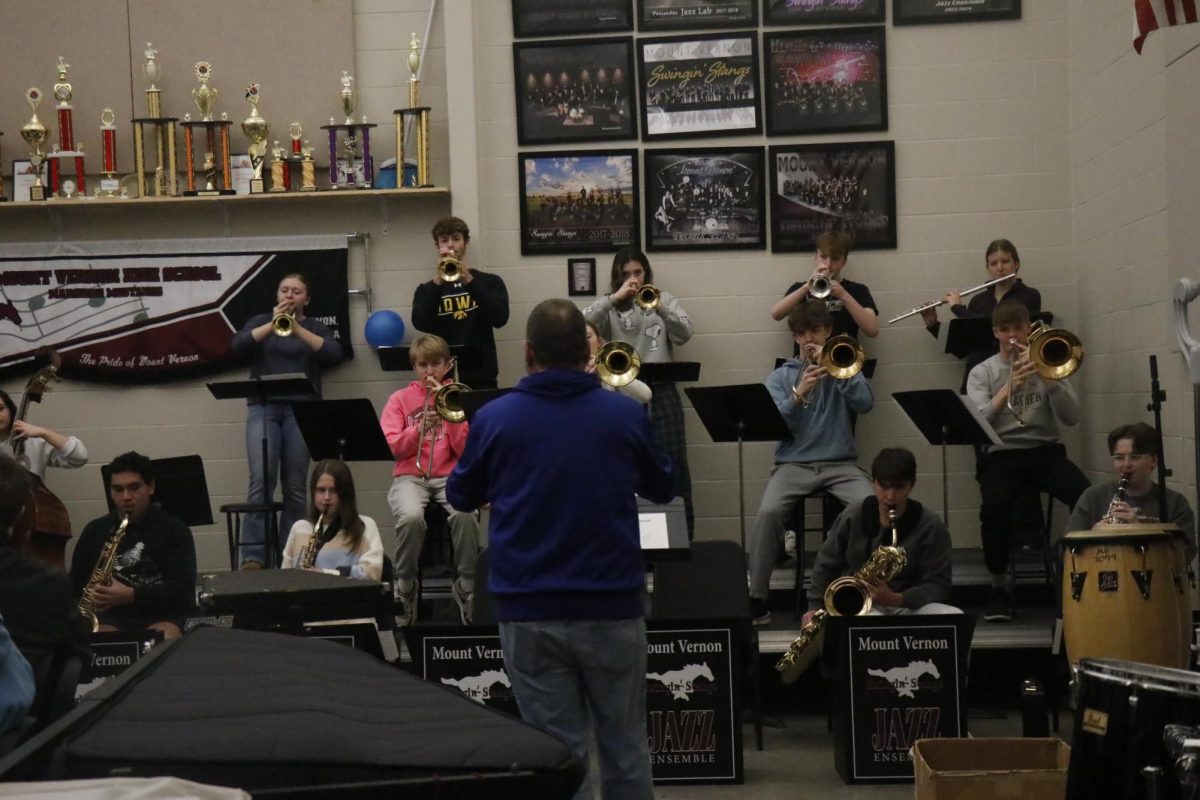 Band Director Scott Weber conducts the Mount Vernon Swinging Stangs as a demonstration for the Baseball and Jazz J-Term Course.