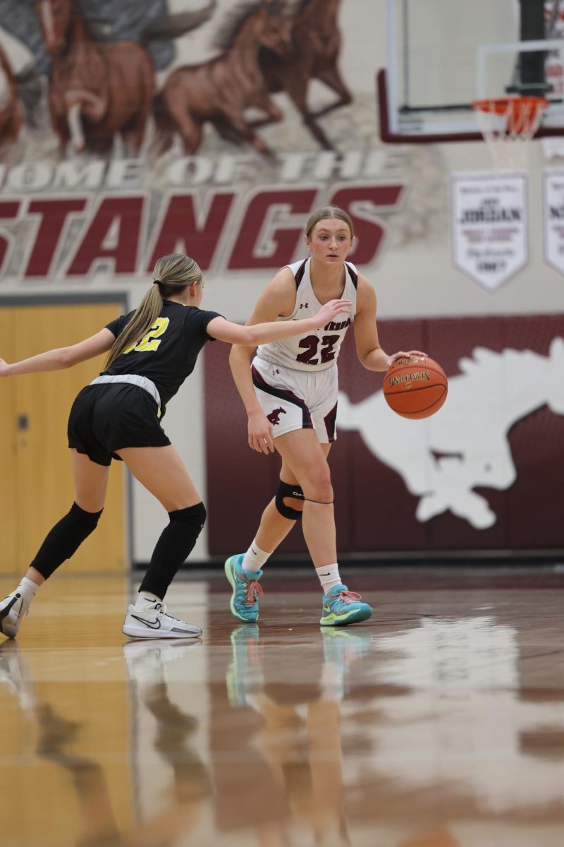 Sophomore Lucy Wischmeyer dribbles the ball while being defended by her opponent on Jan. 15. 