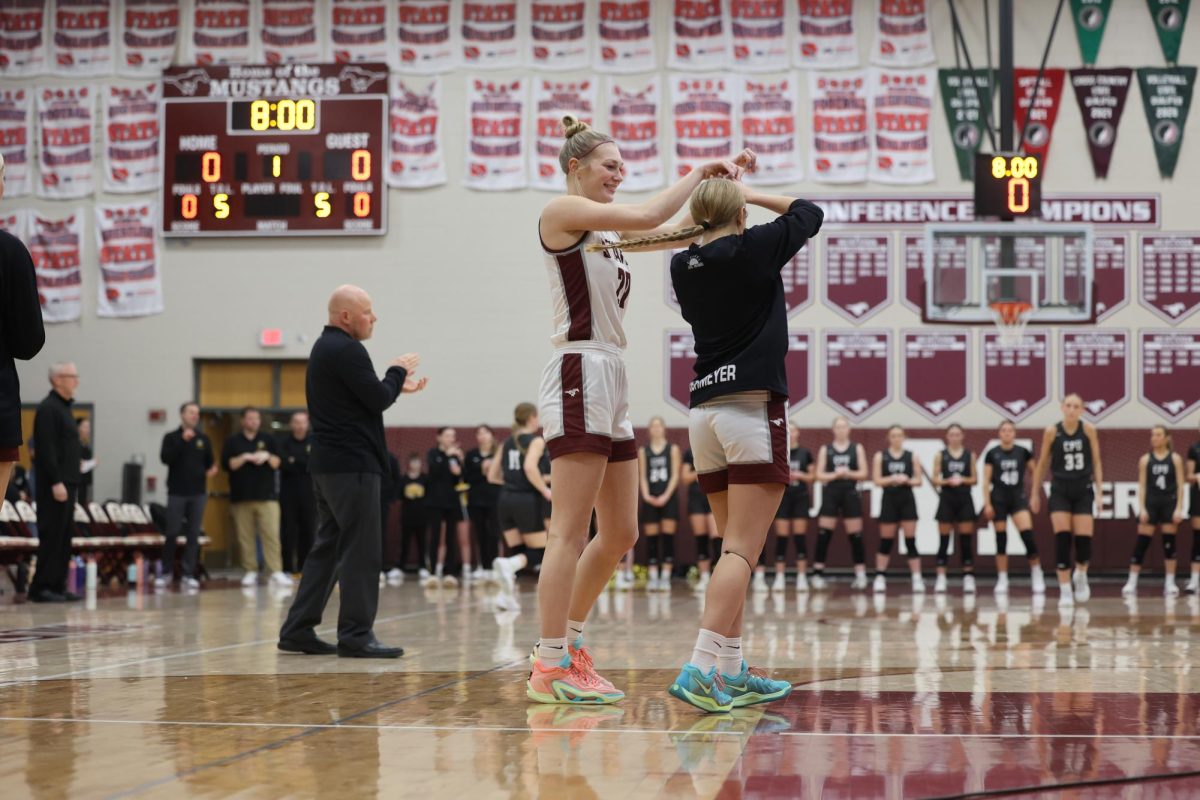 Senior Chloe Meester (20) twirls her teammate Lucy Wischmeyer during introductions of their game, Jan. 15. 