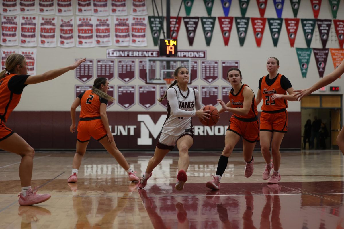 Junior Taylor Franck (11) rushes to make a layup Jan. 28.