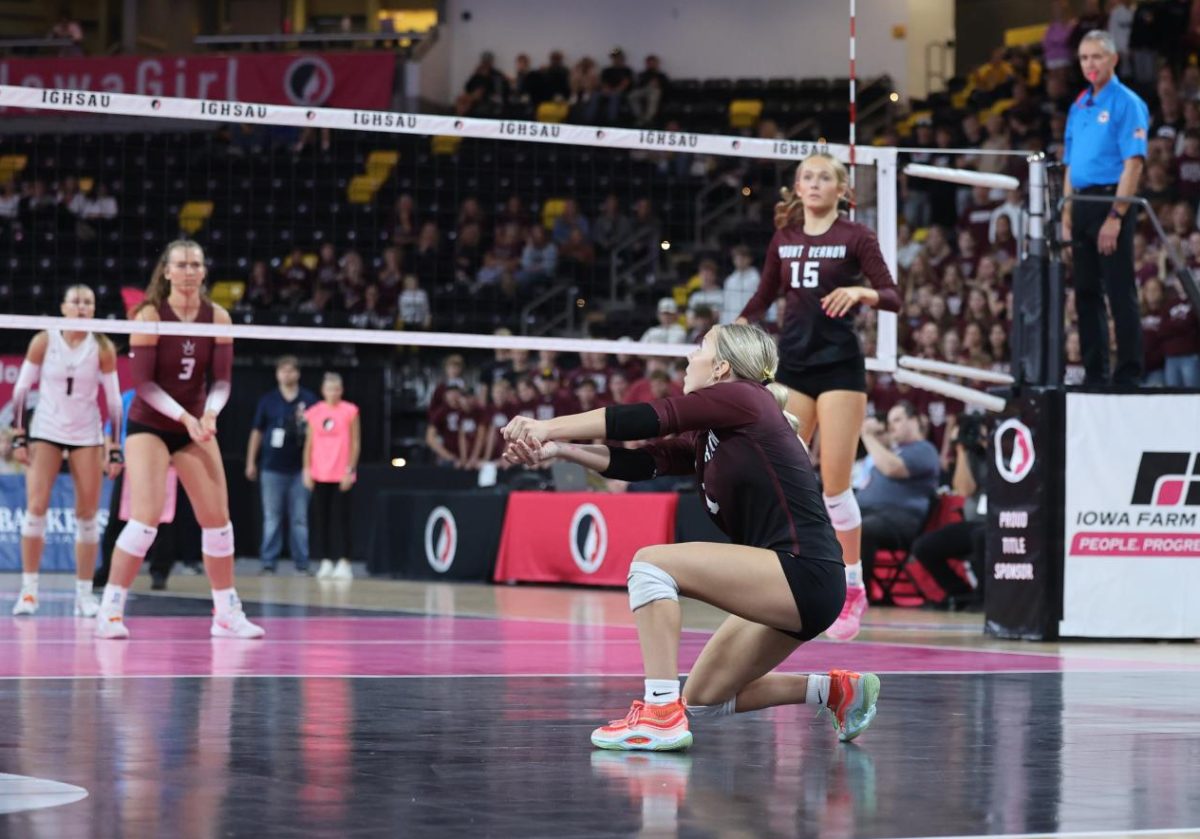 Mavrik Schweer sets up for a bump at state finals Nov. 7 against Western Christian. Mount Vernon won in three sets, becoming the Class 3A State Champions.