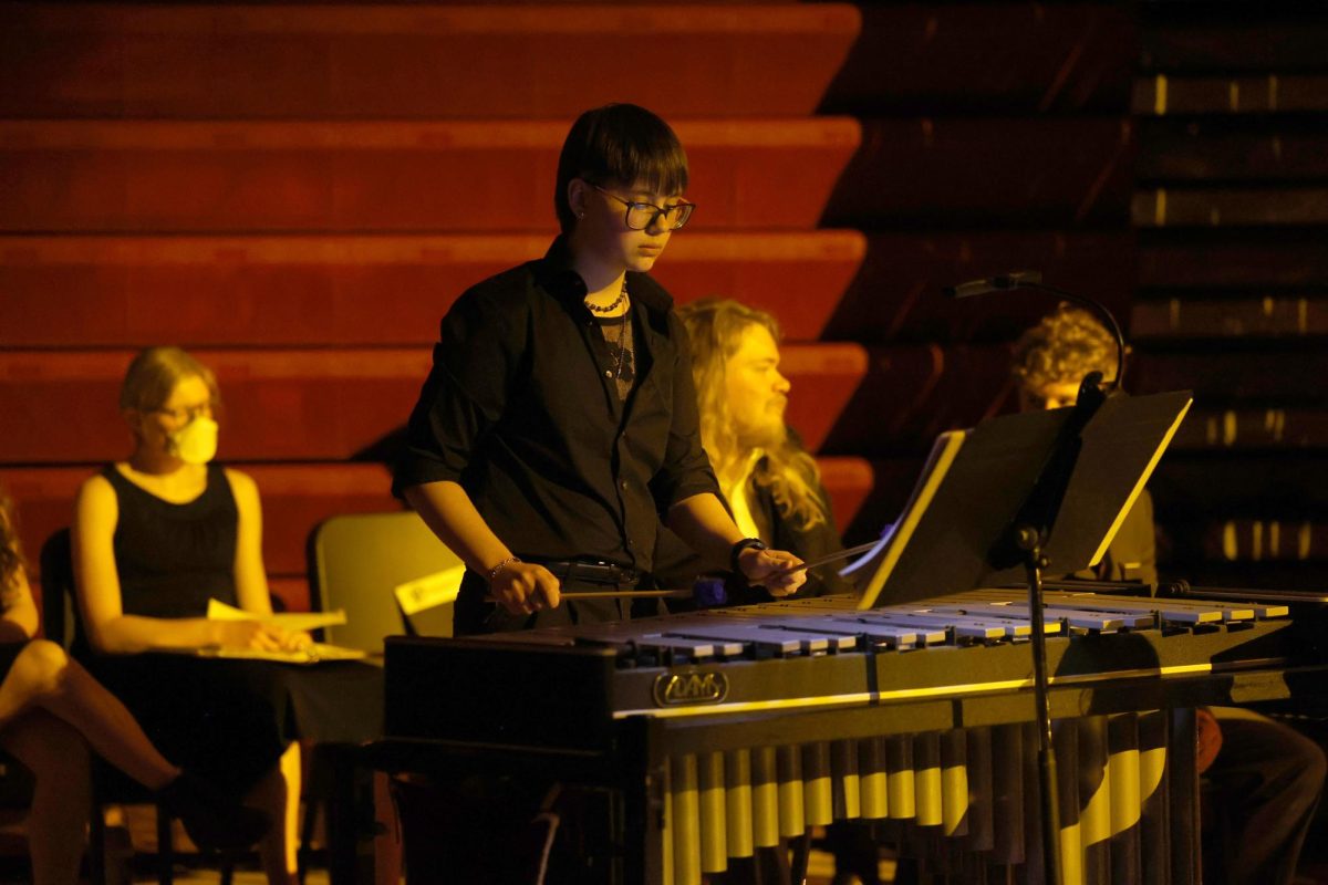 Senior Simon Gillespie performs with the Java Jazz band to "From The Start" on Apr. 14 during the Mount Vernon Java Jazz concert. 