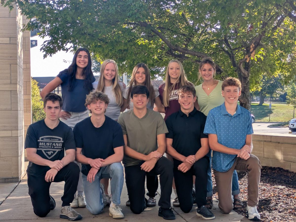 Homecoming Court:
Front Row: Nathan Conrad, William Goodlove, Charlie Weldon, Landon Wilson, Kevin Zehms. Back Row: Taylor Franck, Grace Hale, Isabelle Logue, Kiersten Swart, Emma Hoffman