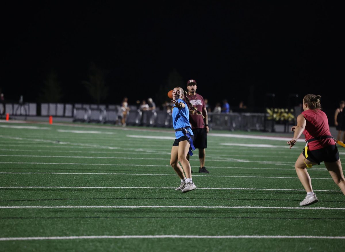 Freshman Kinley Nissen gets ready to pass the ball to her teammate in the end zone Oct. 2. 
