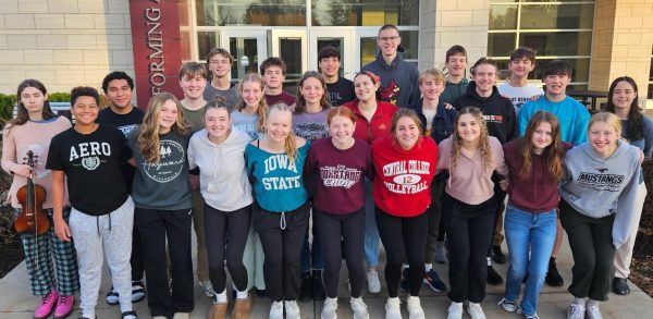 All-state Choir Members. Front row: Zion Safo, Eden Voight, Madie Boren, Emma Hoffman, Reagan Slaymaker, Addi Whisner, Grace Bausch, Charlotte Woosley, Edith Dawson. Second Row (starting in middle) Claire Jensen, Emery Willems, Marlena Rodenberg, Hagen Wilkins, Chester Rood, Andrew Errington. Last Row: Grant Tucker, Lewis Krob, Charlie Weldon, Michael Covington, Beck Oesterle and Jack Bauer. Not pictured: Isabel Govea and Micah Young 