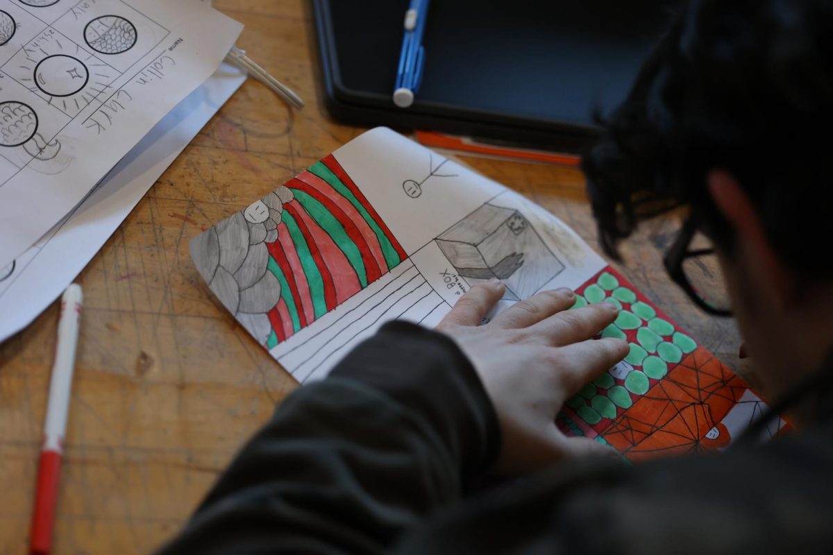 Sophomore Malikai Bachmann is working really hard on his sketching and coloring in the art room. Then he continues to work really hard and finish his work and to instructions on Jan 8. 