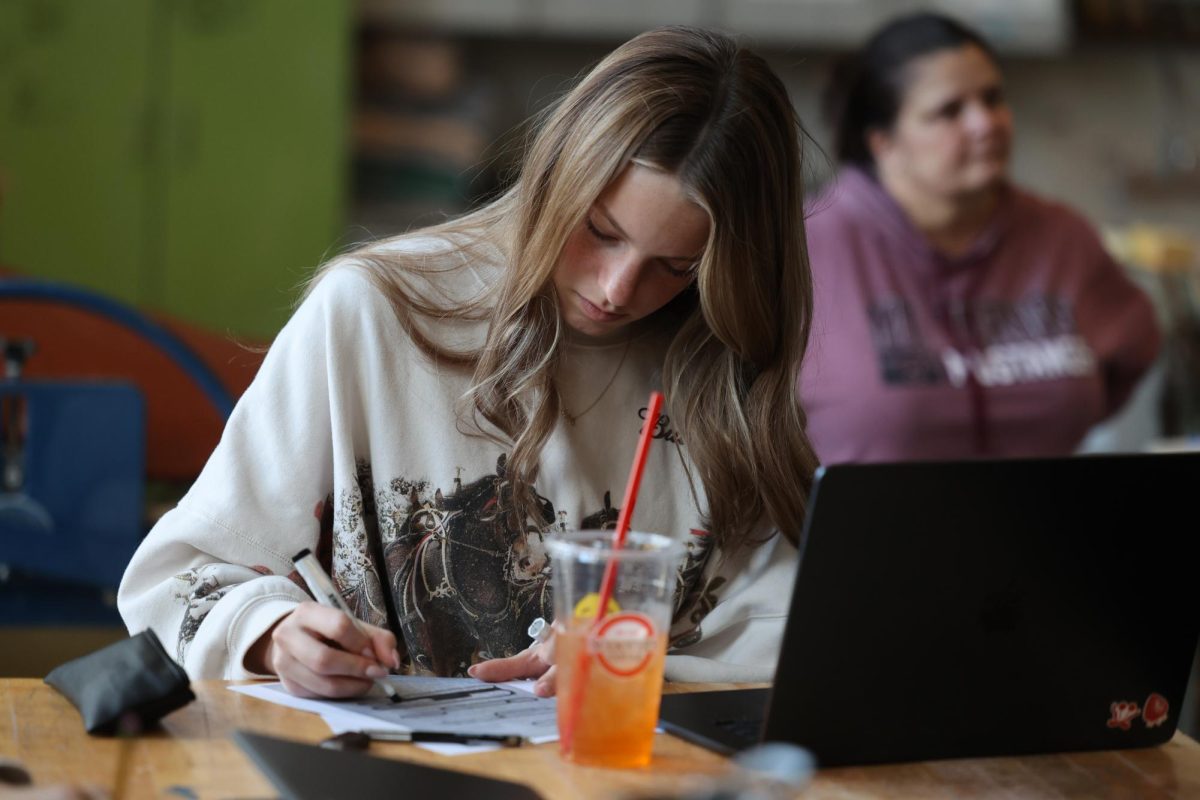Senior Skylee Parks is hard at work at blackout poetry, Jan. 8. Afterwards she paid close attention to the next set of instructions from instructor Bonnie Ahrens. 