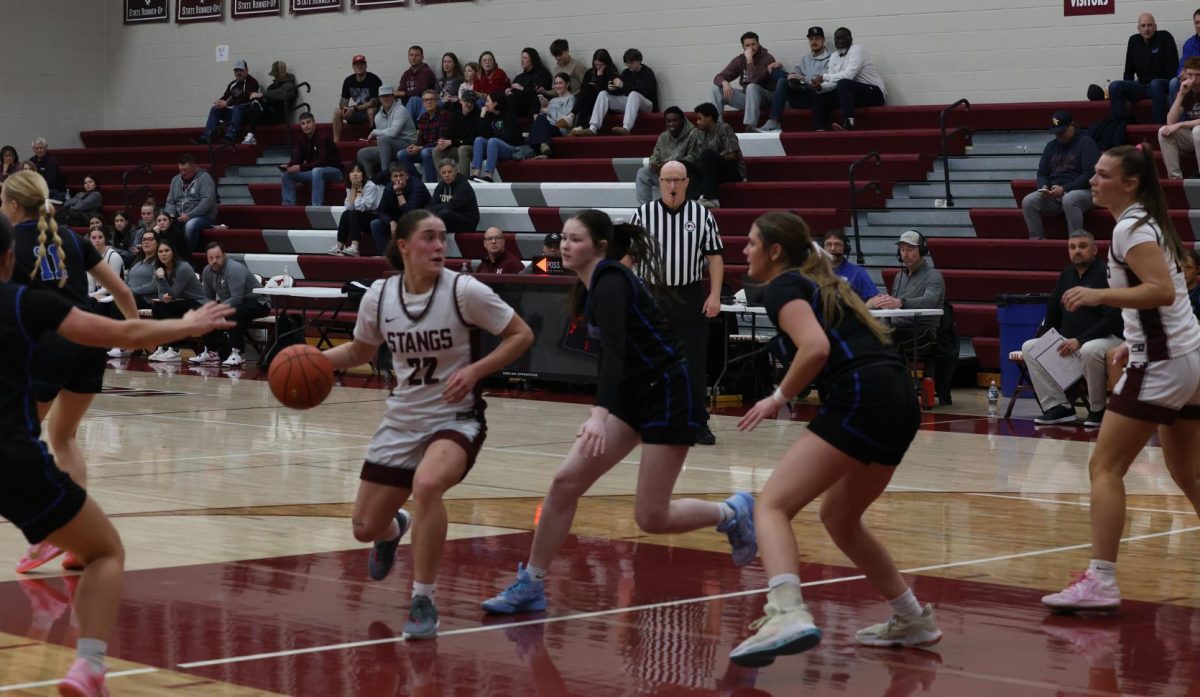 Courthey Franck looks for an opening Feb. 14 in the Regional Quarterfinals. The Mustangs won over West Liberty, 75-17. 