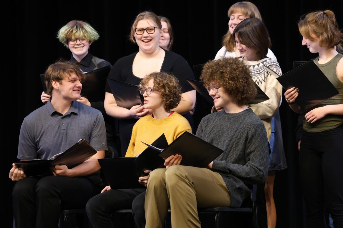 Students act in "Eva's Evolution" in the Speech Showcase Feb. 15. Students in the group are Eva Bishop, Collin Clark, Owen Francois, Fenn Jones. Everett Marshall, Lydia Marshall,  Rose Pisarik, Ellah Shook, Lilly Siggins, Violet Tharp, and Katie Whitehead. Directed by Amy White.
