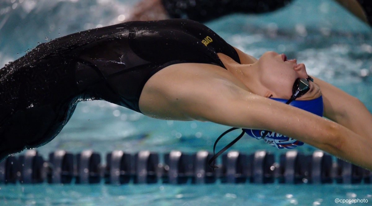Sophomore Jada Ripke swimming the 200 yard backstroke in Des Monies IA, in 2025