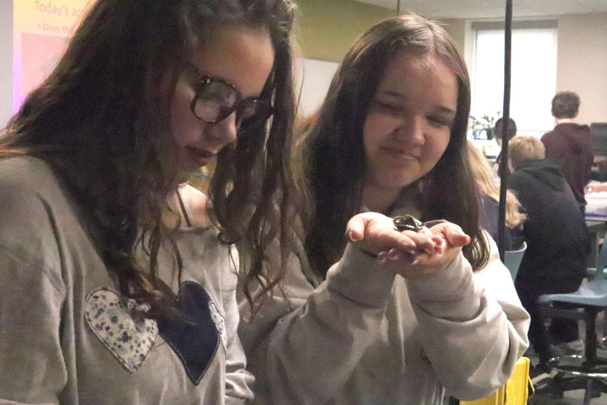 Freshman Izzy Rodriguez, and Adrianne Smith plays with turtles at Cornell on Jan 13.